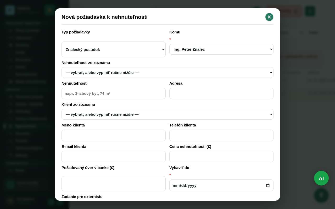 Nová požiadavka v Hypocentre: výber externistu, nehnuteľnosti, klienta, termínu a podkladov
